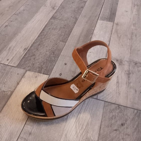 Tamaris Cognac Combinaion Leather Wedge Sandal