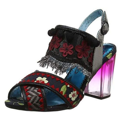Poetic Licence - Red and Black "Aztec Queen" Peep Toe Sandals with a Clear Heel and Fringe Detail