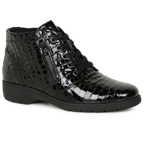 Caprice Black Patent Leather Croc Print Ankle Boot