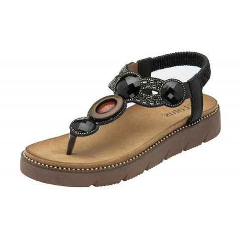 Lotus "Alcina" Bejewelled Toe-Post Sandal in Black