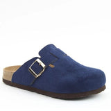 Blue suede clog shoe with a gold buckle on a white background. Heavenly Feet "Alessia" Mule