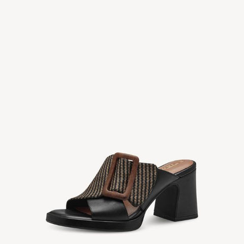 Tamaris Black and Tan Heeled Mule Sandal