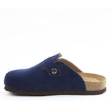 Blue suede clog shoe with a gold buckle on a white background. Heavenly Feet "Alessia" Mule