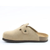 Beige clog shoe with a buckle on a white background. Heavenly Feet Alessia Mule.