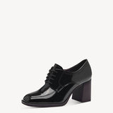 Tamaris Black Brush Lace-up Block Heeled Shoe