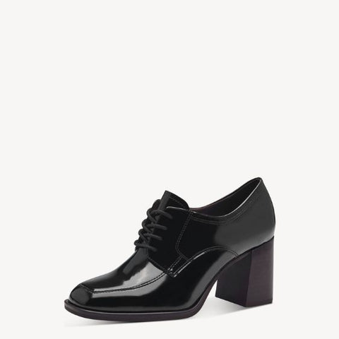 Tamaris Black Brush Lace-up Block Heeled Shoe