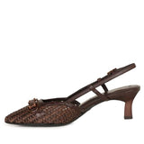 Brown woven sandal with a slingback design on a white background. Tamaris, Agatha