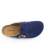 Blue suede clog shoe with a gold buckle on a white background. Heavenly Feet "Alessia" Mule