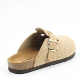 Beige clog shoe with a buckle on a white background. Heavenly Feet Alessia Mule.