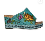 Laura Vita Facyo Leather Wedge Mule in Turquoise