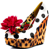 Iron Fist - Polka Dot "Lolita Love" Heel with Leopard Print Wedge and Detachable Flower Pin
