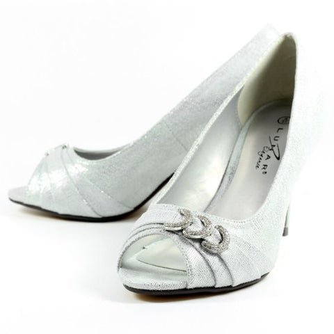Lunar Women's Silver Satin Peep Toe Court Shoes - Lower Heel, Glitzy Trim, 5cm Heel