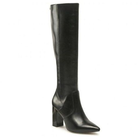 Caprice Black Leather Knee Length Heeled Boot